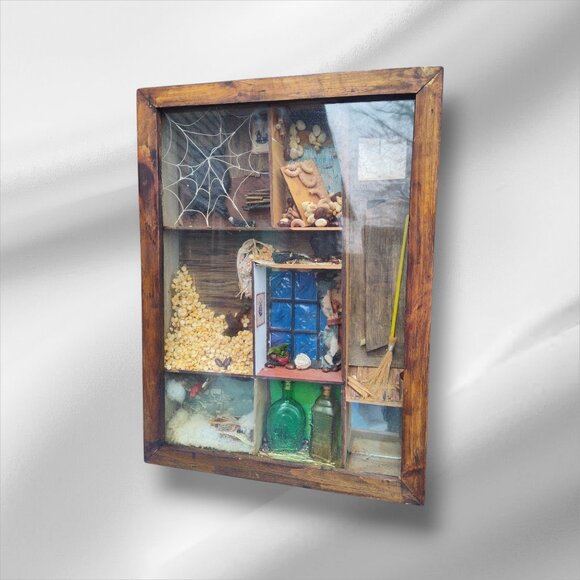 Vintage Solid Wood Shadow Box Diorama Flowers Crystals - Handmade - Picture 1 of 4